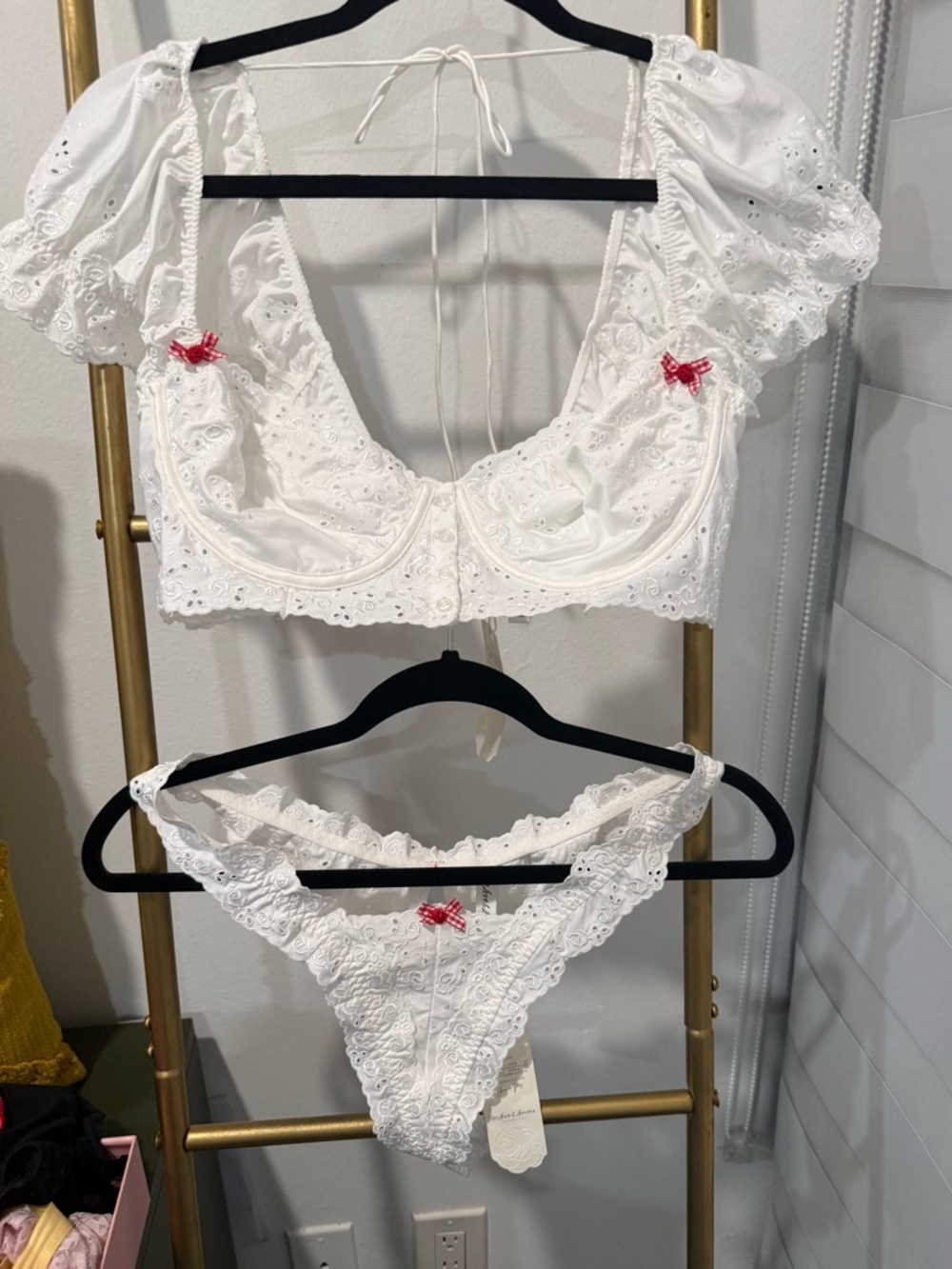For Love And Lemons White Eyelet Lace Bralette & Bikini Set with Pink Bows